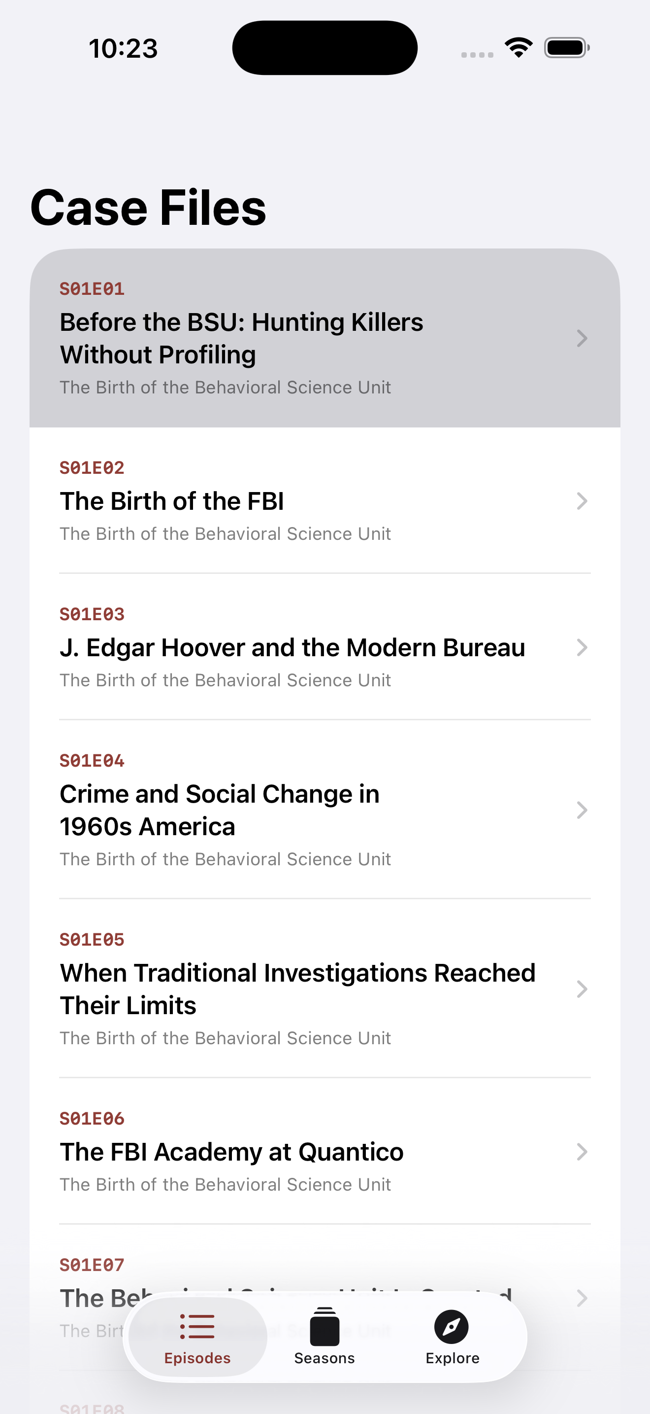 Behavioral Case Files iPhone app showing the episode library and bottom navigation