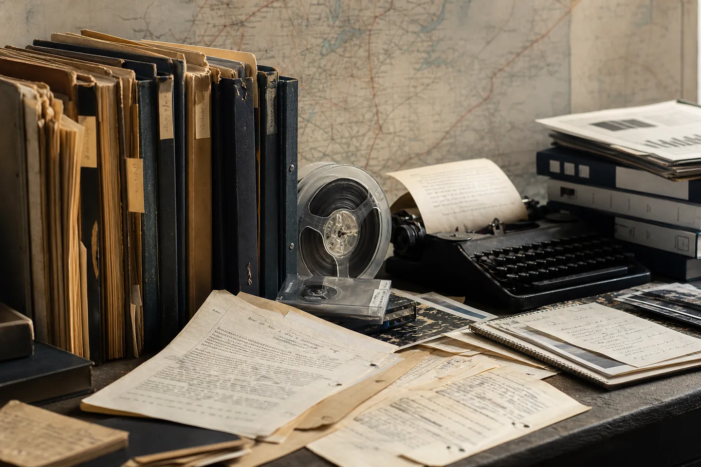 Editorial still life of archival folders, analog tape, and typewritten records